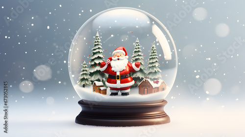 Glass snow globe inside santa christmas tree winter background copy space