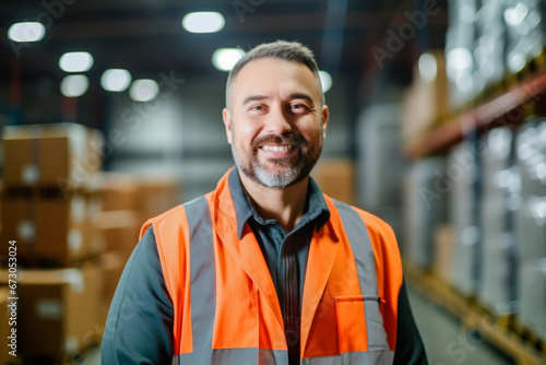 Factory or warehouse worker in shipping plant happy and smiling about new import and export cargo, Portrait of a young logistics or supply chain industry manager looking excited and proud