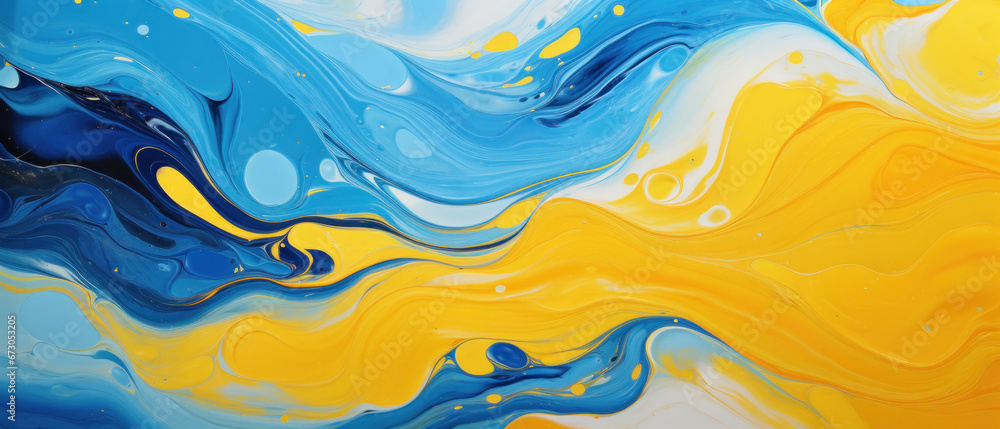 Abstract Marbled Acrylic Paint Ink Wave - Sky Blue and Sunflower Yellow
