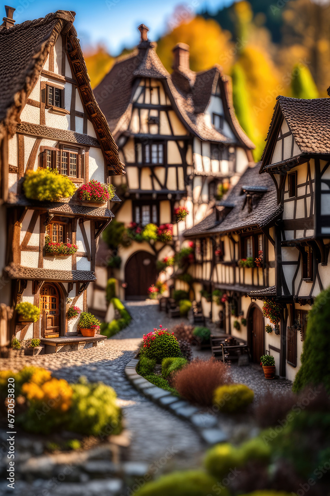 Fototapeta premium miniature of a palatinate village with half-timbered houses, fictitious, fictional, generated by artificial intelligence