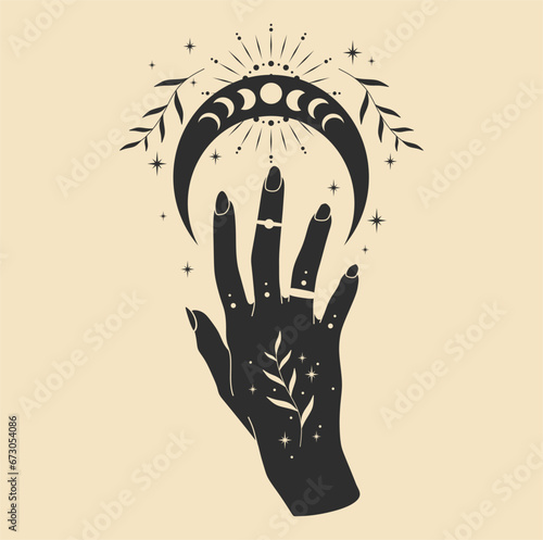 Boho crescent and woman hands. yellow and graycolors. Alchemy esoteric magic space.