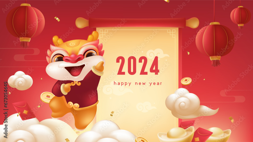 Fototapeta premium Spring Festival background design a lovely dragon and New Year scroll