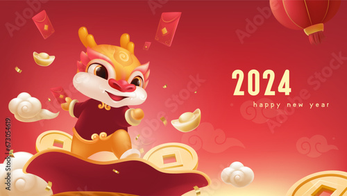 Spring Festival background design a cute dragon standing on a lucky bag holding a red envelope