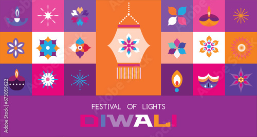 Traditional Indian festival Diwali. Happy Festival of lights Deepavali Template set icons for greeting card Festive Burning diya graphic design background Vector abstract flat illustration
