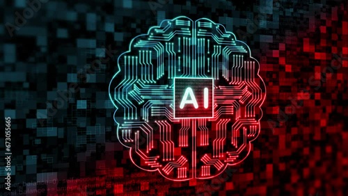 artificial brain animation with two good and bad colour shade. concept for advantages and disadvantage of artificial intelligence.