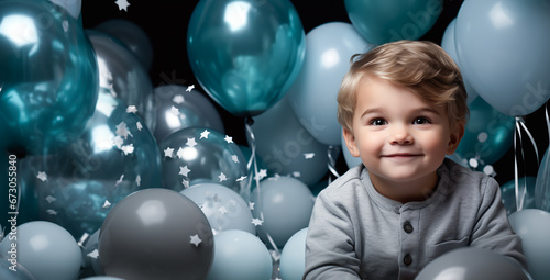 Banner Happy toddler smiling joyfully at his birthday party, surrounded by blue balloons and festive decorations. Perfect for festive, birthday, or joyful childhood concepts.. AI Generative