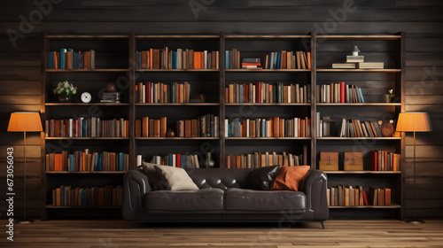 A library shelf filled with numerous books, showcasing a minimalistic, simple, modern, and new design