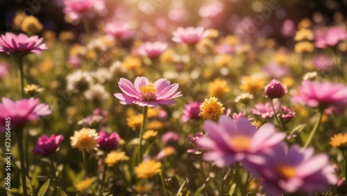 Flower field in sunlight  spring or summer garden background in close-up. Flower meadow field 