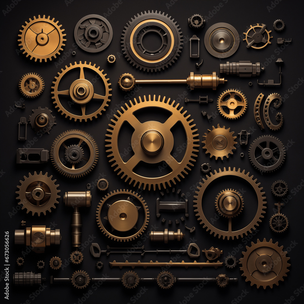 Ai generated knolling object separate part of gear mechanical. gold and black theme. background wallpaper. Ai generated knolling object separate part of gear mechanical. gold and black theme. background wallpaper.