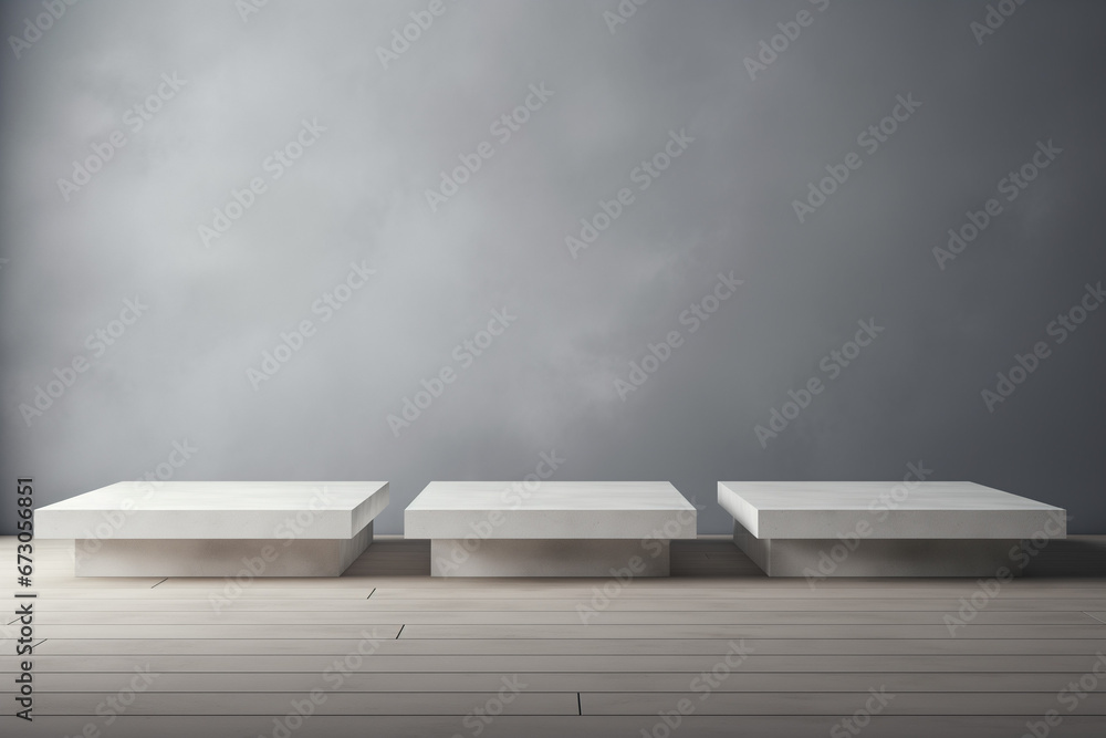 empty shelf with spotlights for exhibit - well lit display podiums, neutral colors, empty space, mock-up