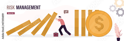 Successful manager keeps golden coins from falling. Risk management, overcoming economic crisis. Sustainable development, stability of company or enterprise