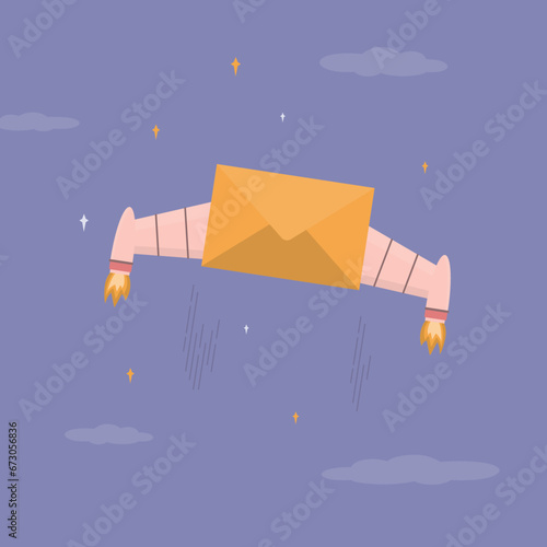Mail envelope with rocket boosters and wings flying high up in sky. Boost promotion campaign, marketing. Notification message. Advertising mailings, correspondence,