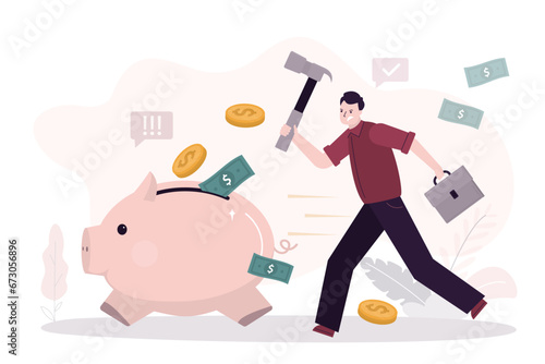 Poor bankrupt businessman, office worker character running chase piggy bank with hammer. Financial crisis problems. Piggy bank run away from breaking, money success concept.