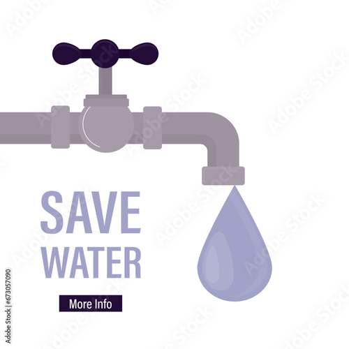 Water saving advertising, environmental concept, background with water drop coming out of faucet. World Water Day campaign. Suitable for greeting card and motivational poster.