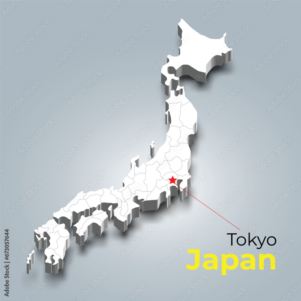 Japan 3d map with borders of regions and it’s capital Japan 3d map with borders of regions and it’s capital