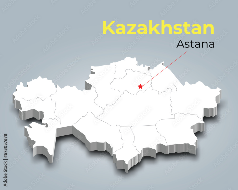 Kazakhstan 3d map with borders of regions and it’s capital