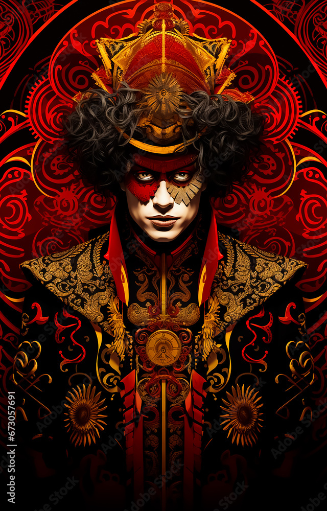 Illustration of Joker cards in mandala pattern, red, brown and black, vintage luxury colors Royal Clown 