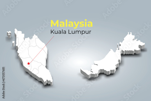 Malaysia 3d map with borders of regions and it’s capital
