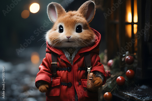 A cheerful cute Christmas squirrel in a red jacket with Christmas ornamentals and Christmas tree at the back and blur banner fairy lights background Cute Christmas background