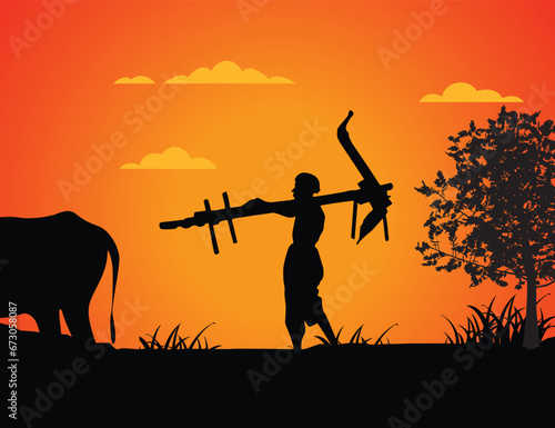 A India farmer doing farming with plough, walking along with a bullock through the farm