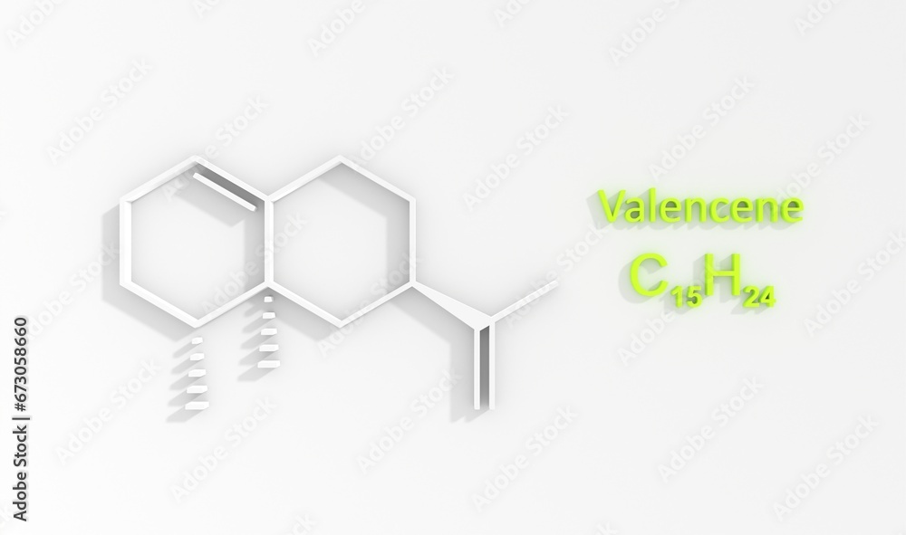 Valencene is a sesquiterpene that is an aroma component of citrus fruit and citrus-derived odorants. It is obtained inexpensively from Valencia oranges. Skeletal chemical formula. 3D render Valencene is a sesquiterpene that is an aroma component of citrus fruit and citrus-derived odorants. It is obtained inexpensively from Valencia oranges. Skeletal chemical formula. 3D render