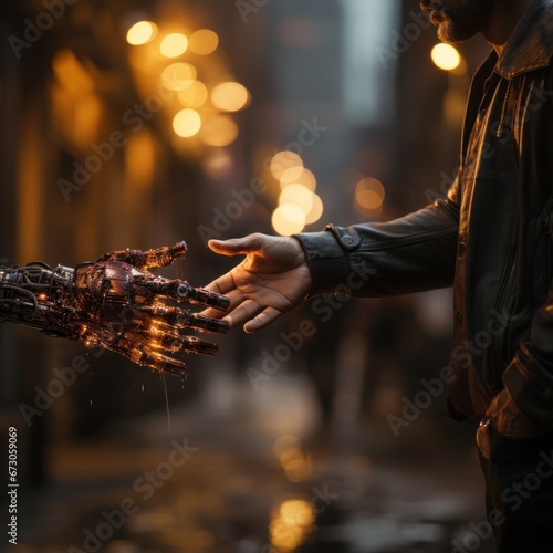 Human hand shaking hands with robot with blur and plain elegant background concept of peace and technological development, good for business, AI, cooperation, robot era and future. Ai generative image
