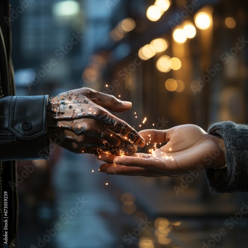 Human hand shaking hands with robot with blur and plain elegant background concept of peace and technological development  good for business  AI  cooperation  robot era and future. Ai generative image