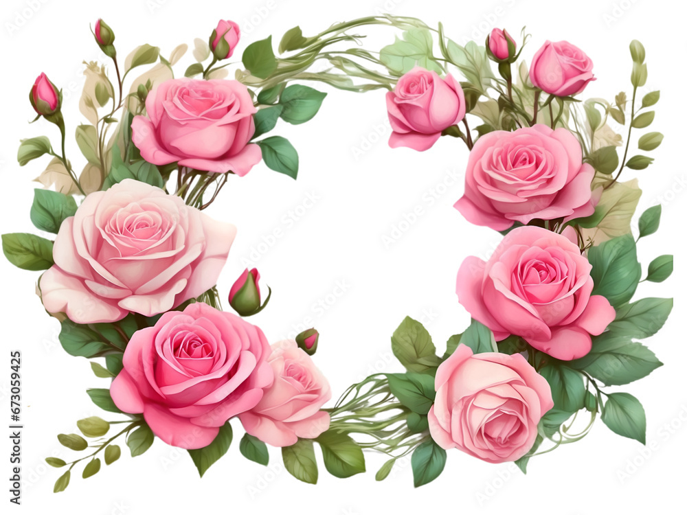 Pink roses border with green leafs. Flower roses element for decoration. Pink roses border with green leafs. Flower roses element for decoration.