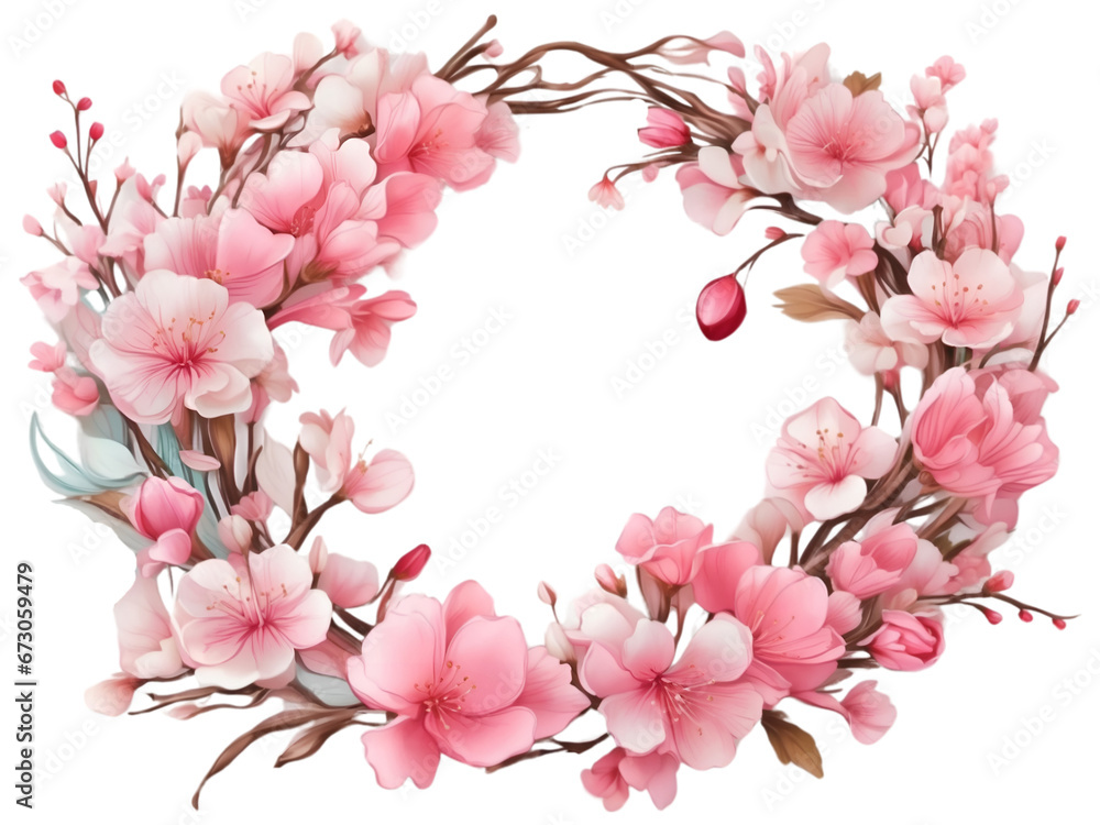 Pink cherry blossom border. Pink flower frame for decoration. Beautiful flowers element. 