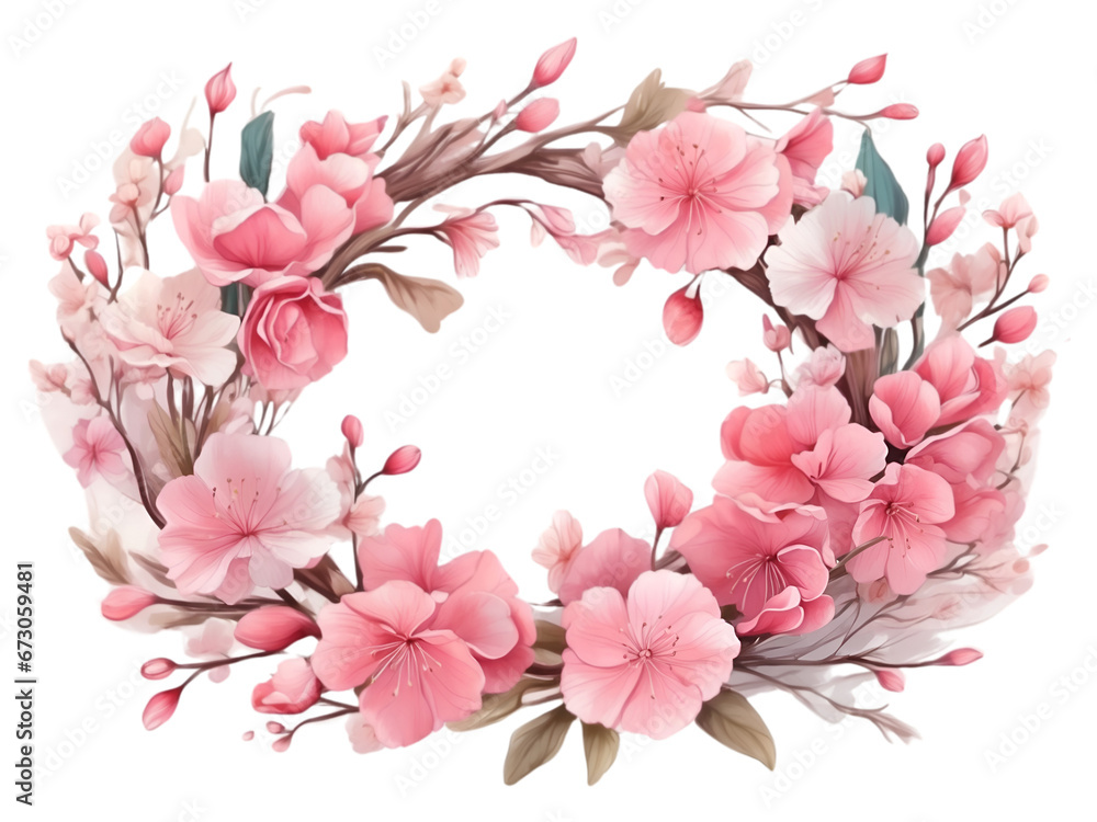Pink cherry blossom border. Pink flower frame for decoration. Beautiful flowers element. 