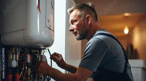 Professional engineer doing a boiler inspection at home photo
