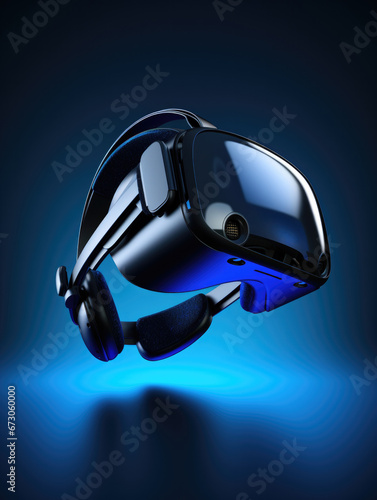 A virtual reality headset with headphones on a blue background. Generative AI.