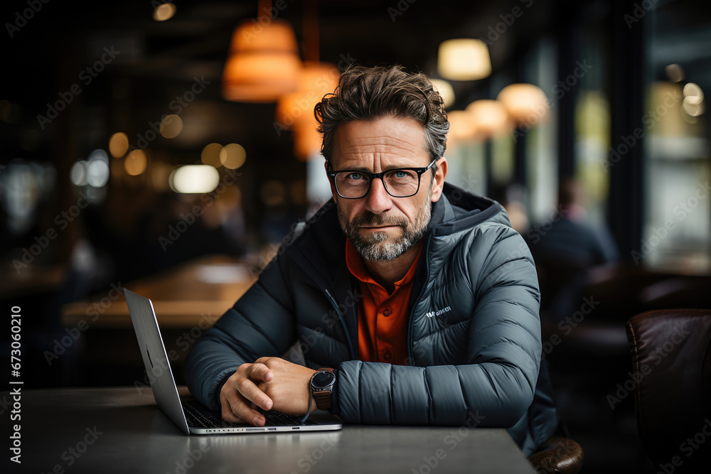 A confident middle-aged man in glasses works diligently on his laptop at a trendy coffee shop, showcasing a blend of style and professionalism. A confident middle-aged man in glasses works diligently on his laptop at a trendy coffee shop, showcasing a blend of style and professionalism.