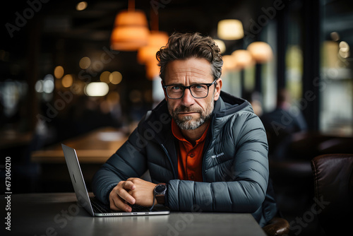 A confident middle-aged man in glasses works diligently on his laptop at a trendy coffee shop, showcasing a blend of style and professionalism.