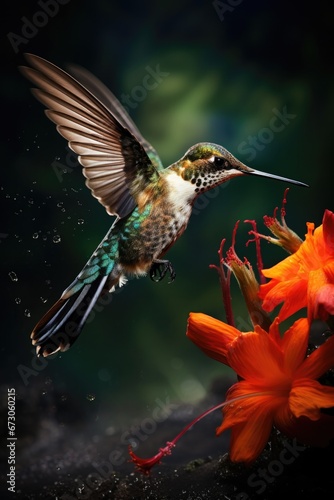 A hummingbird is flying over a flower. Generative AI.