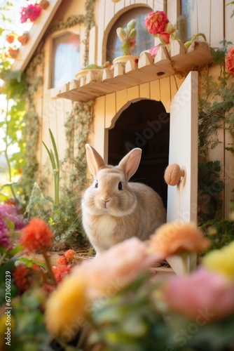 A rabbit is sitting in the doorway of a house. Generative AI.