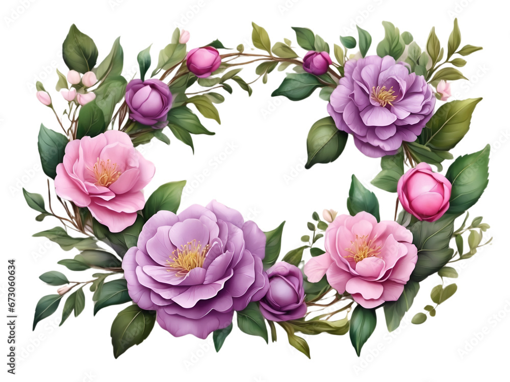 Watercolor purple camellia wreath or border with green leaves. Flower elements for decoration. 