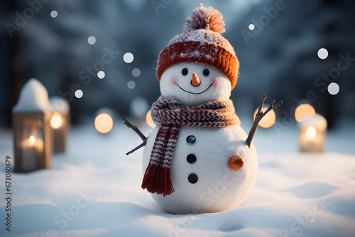 Snowman with a smiling face woolen cap and scarf on happy Christmas in winter cold forest, ornamentals small balls on the ground in the snow Christmass background