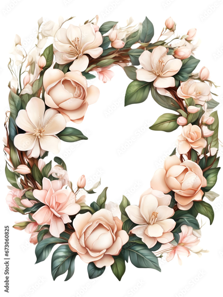 Watercolor white gardenia flowers wreath or border with green leaves. Flower elements for decoration. 