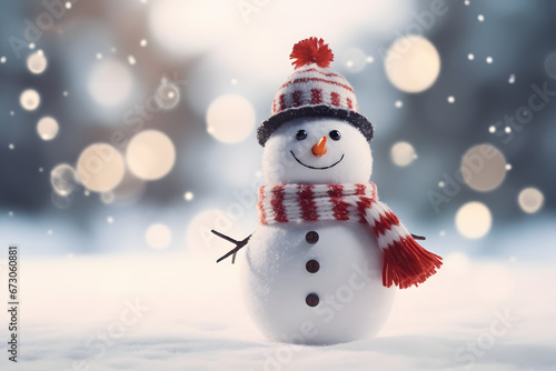 snowman with a smiling face woolen cap and scarf on happy Christmas in a winter cold forest, ornamentals small balls on the ground in the snow. Christmas background © Fahad
