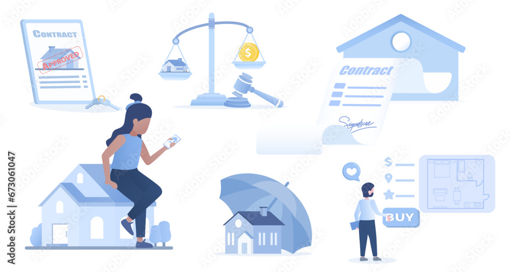 Real estate mortgage collection set. Online contract, real estate rental, buy home property,  search and explore, home insurance, legal management. Flat vector design illustration.