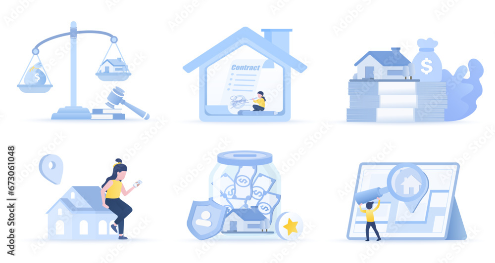 Collection of asset, house, property concept scene. Sign property contracts, legal matters, find a place, save up money to buy a house. Flat vector design illustration.