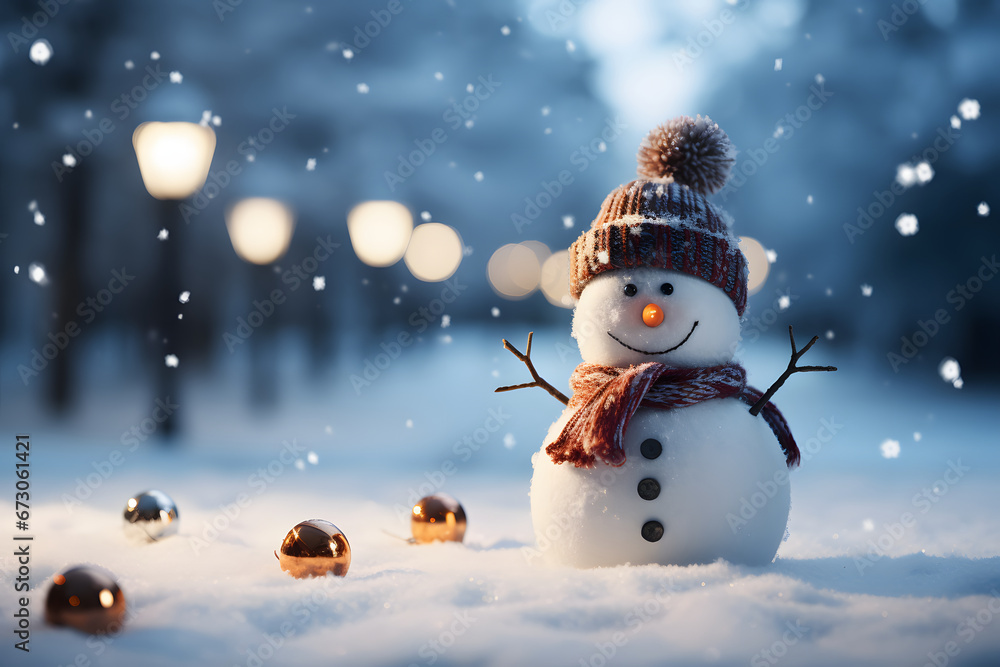 snowman with a smiling face woolen cap and scarf on happy Christmas in winter cold forest, ornamentals small balls on the ground in the snow Christmas background