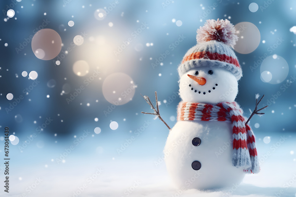 snow man with a smiling face woolen cap and scarf on happy Christmas in winter cold forest Christmas background