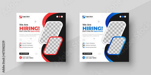 We are hiring job vacancy social media post or square web banner template design with two color red and blue