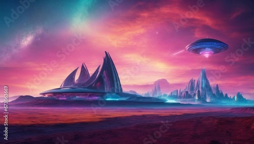 Extraterrestrial Civilization  Futuristic Cityscape Under Alien Skies