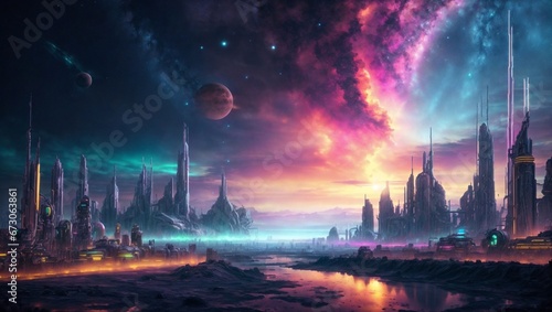 Extraterrestrial Civilization: Futuristic Cityscape Under Alien Skies. Generative AI