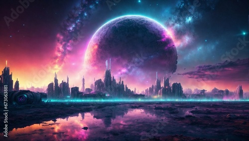 Awe-Inspiring Alien City: Futuristic Buildings and Nebulae at Sunset. Generative AI