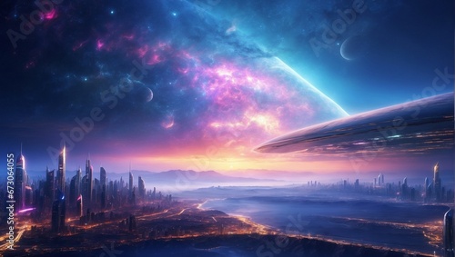 Extraterrestrial Splendor  Advanced Civilization in Alien Landscape. Generative AI