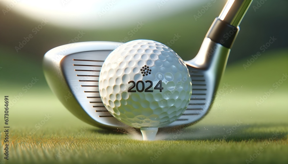 happy new 2024 year golf themed, golf ball background, golf club hitting golf ball concept